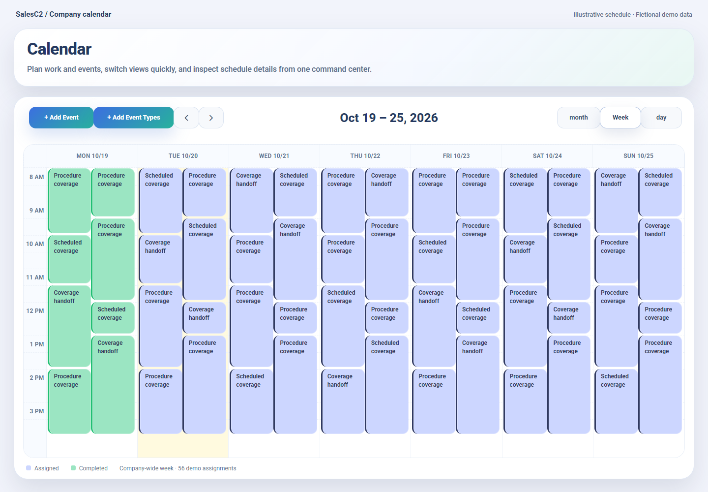 SalesC2 company calendar showing 56 fictional coverage assignments across a fully booked week