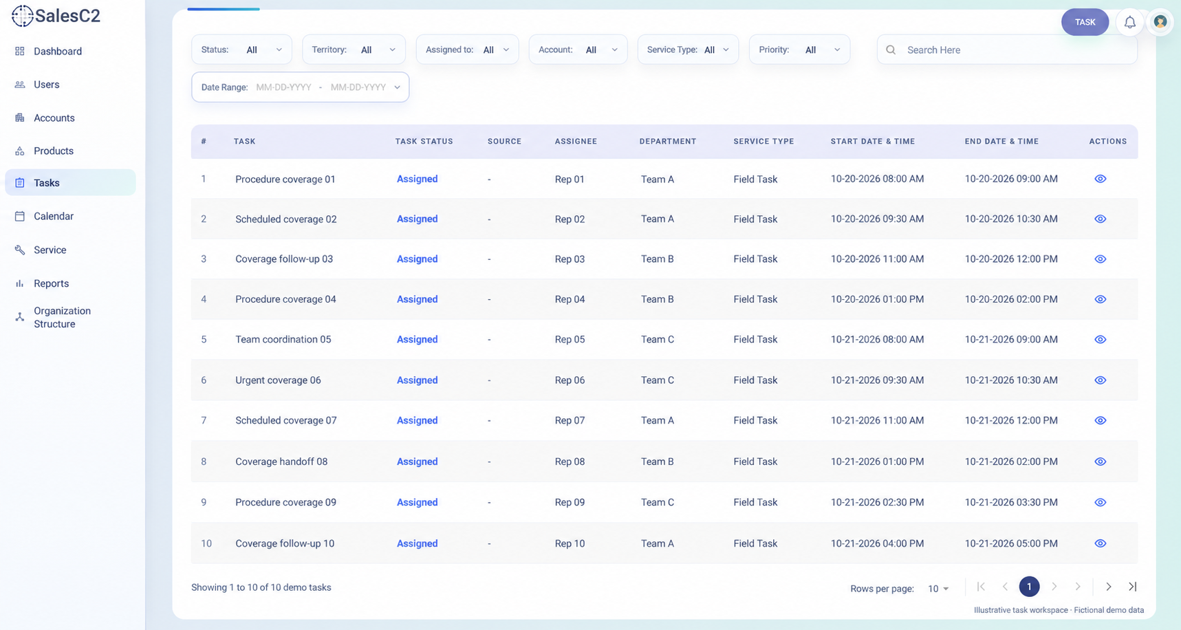 Illustrative SalesC2 task workspace with ten fictional coverage tasks and no real names or locations